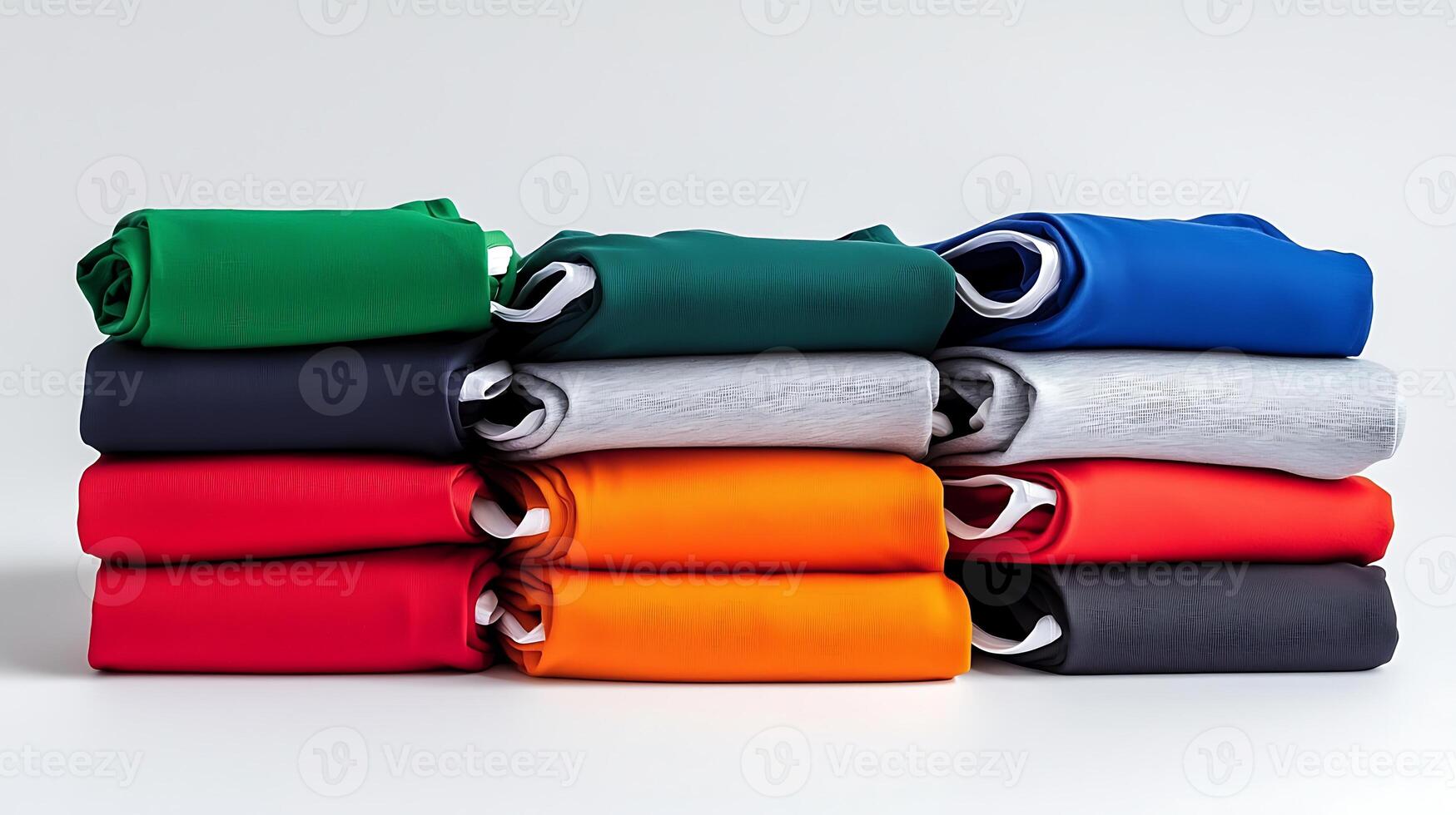 Stacked colorful rolled clothing showcasing various hues on a clean white background photo
