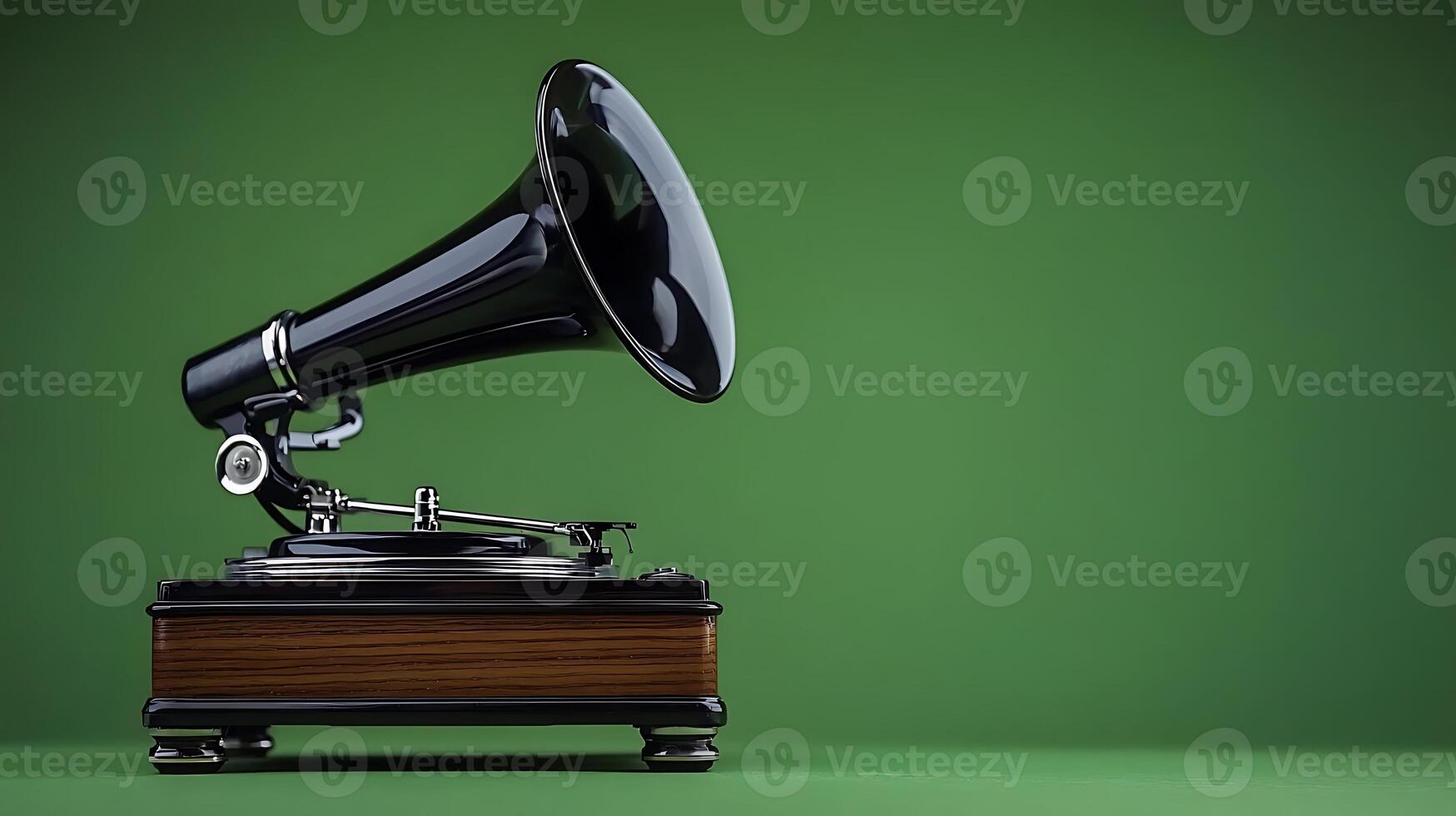 Vintage gramophone on a green background, evoking nostalgia and classic music vibes photo