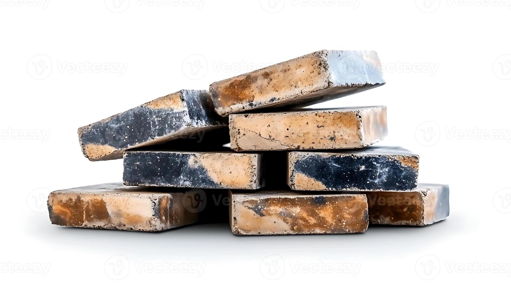Stacked artisanal soap bars with unique textures and colors against a clean white background photo