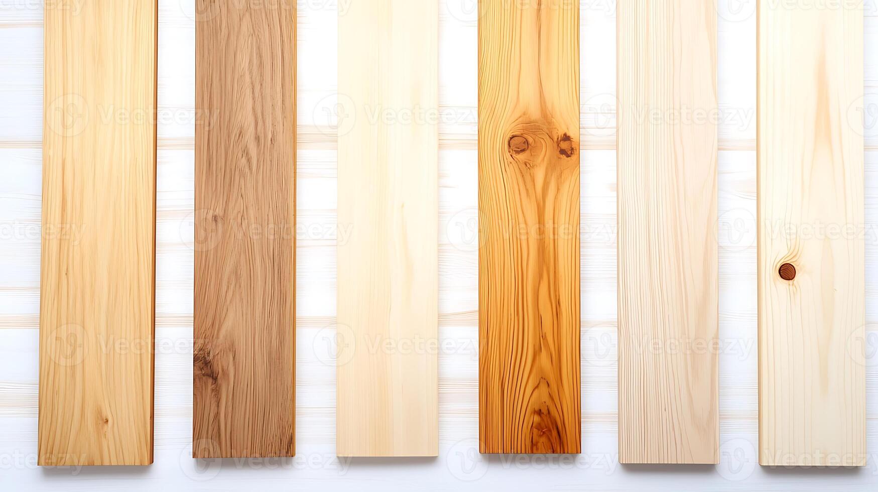 Various wooden planks showcasing different textures and colors arranged on a light background photo
