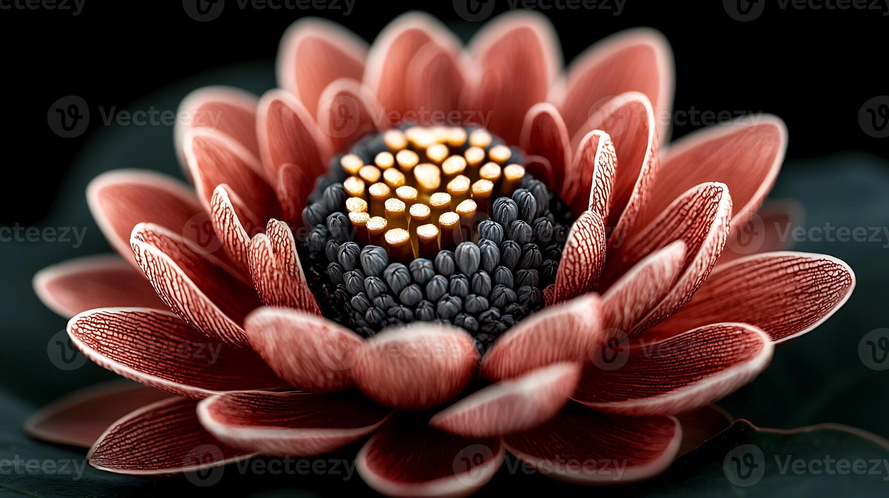 Close-up of a vibrant water lily with intricate petal details and contrasting colors, set against a dark background photo