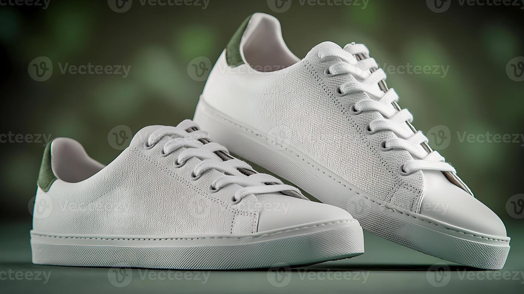 Stylish white sneakers with green accents showcased against a blurred green background photo