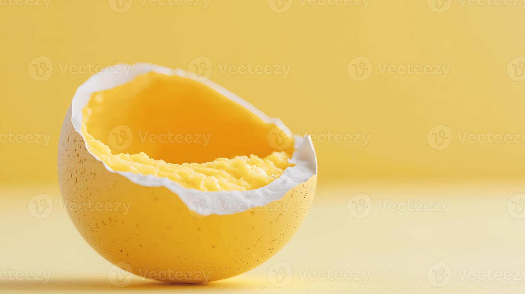 A close-up of a broken yellow eggshell on a soft yellow background, symbolizing freshness and new beginnings photo