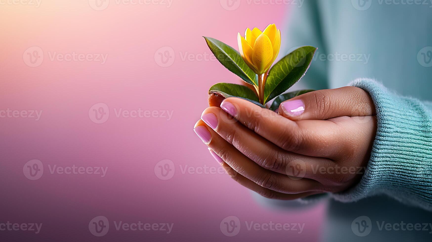 A close-up of a child's hands gently holding a yellow flower with green leaves against a soft pink background photo