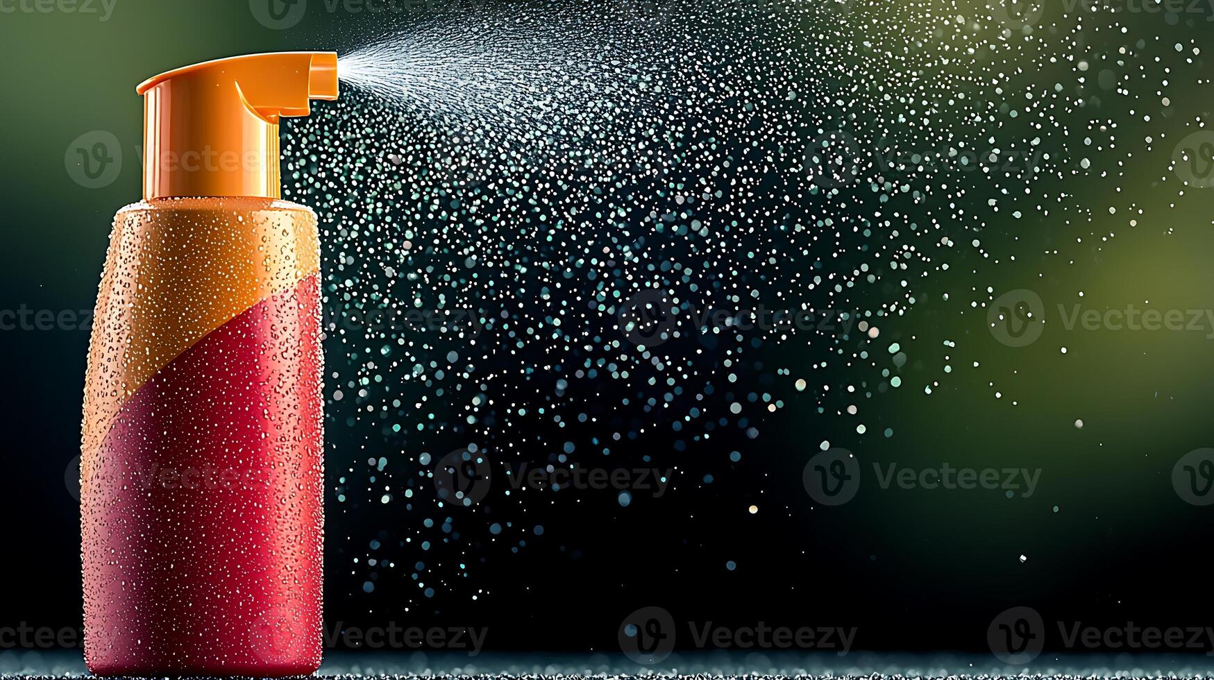 Vibrant spray bottle releasing mist in a colorful background with droplets glistening photo