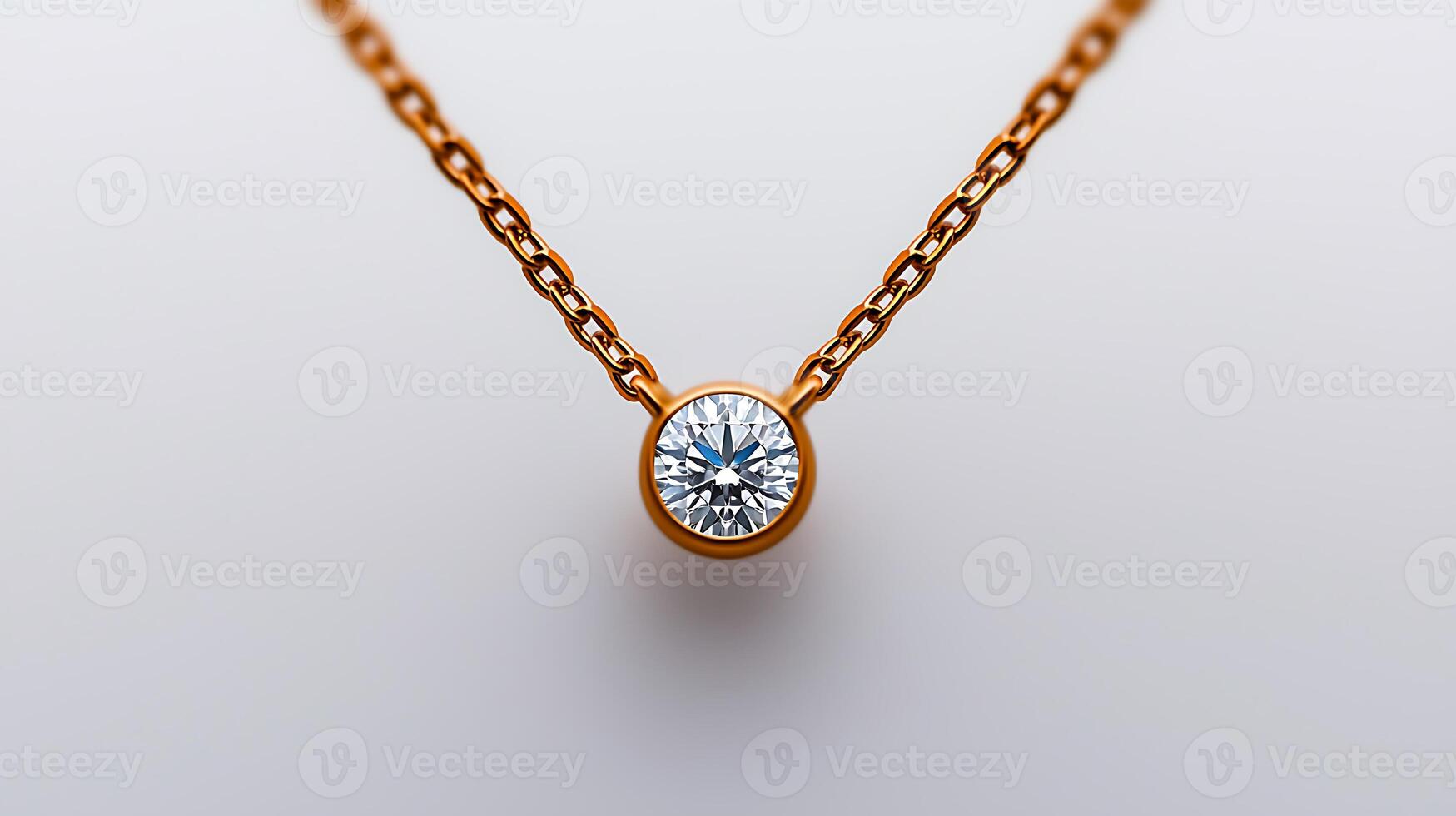 Close-up of a delicate gold necklace featuring a sparkling diamond pendant against a soft background photo