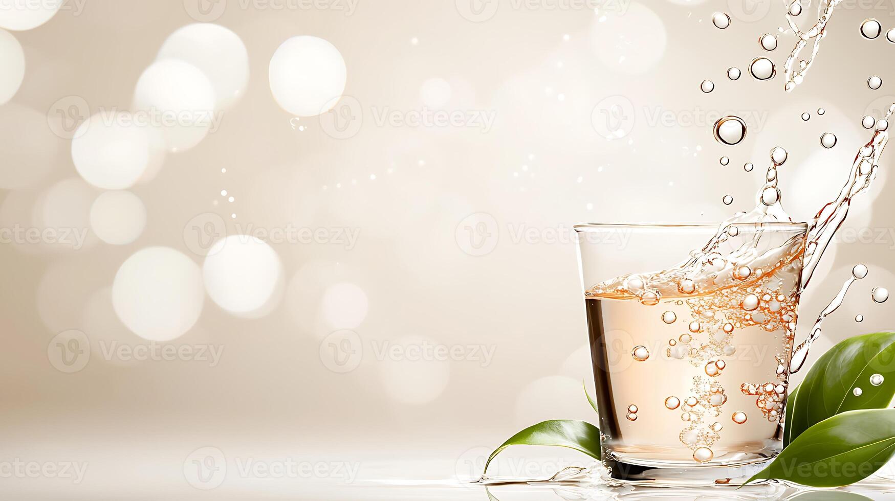 Refreshing beverage splashing in a glass with bubbles, surrounded by green leaves and soft background photo