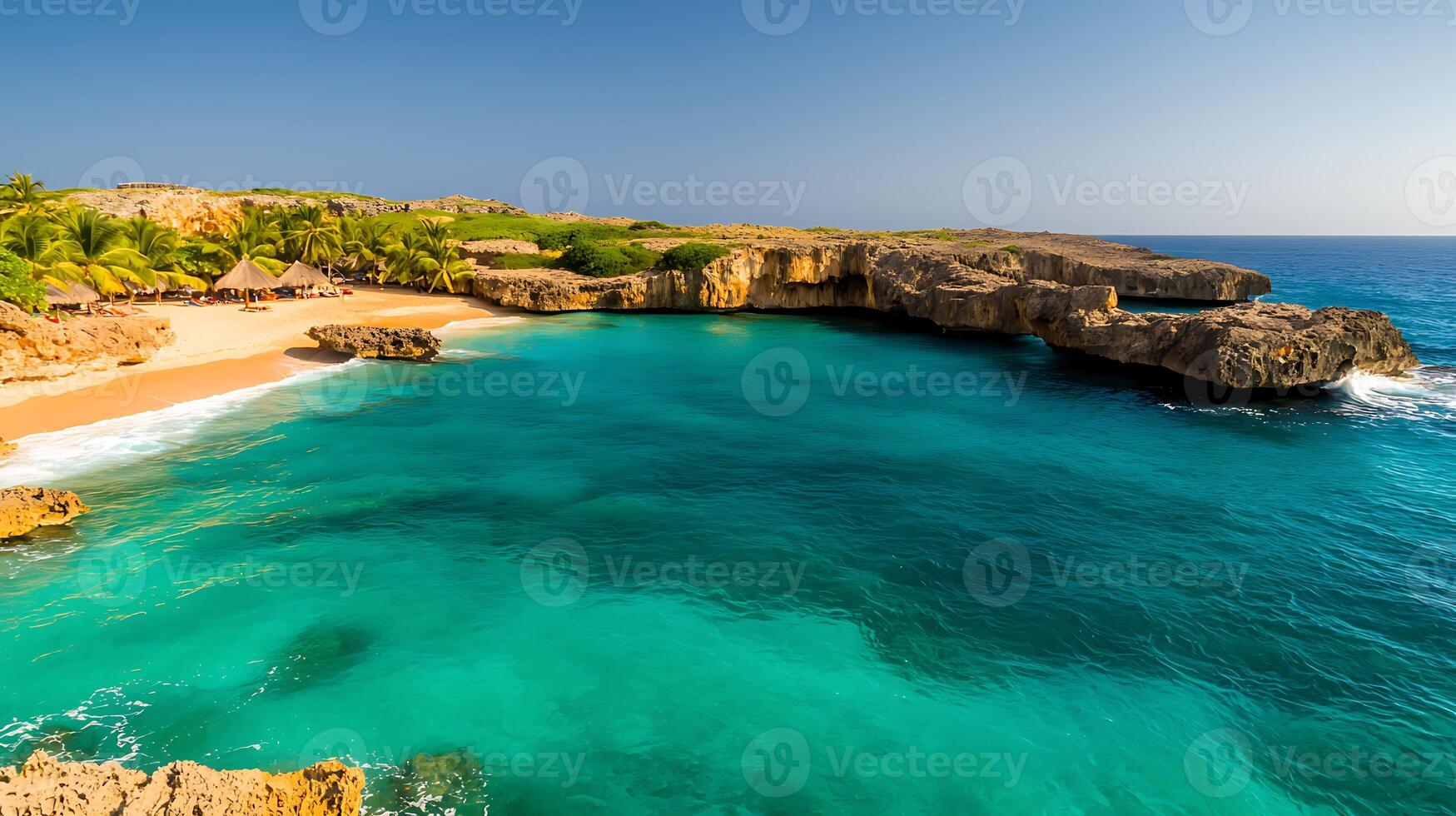 Stunning coastal view showcasing crystal-clear turquoise waters and sandy beach under a bright sky photo
