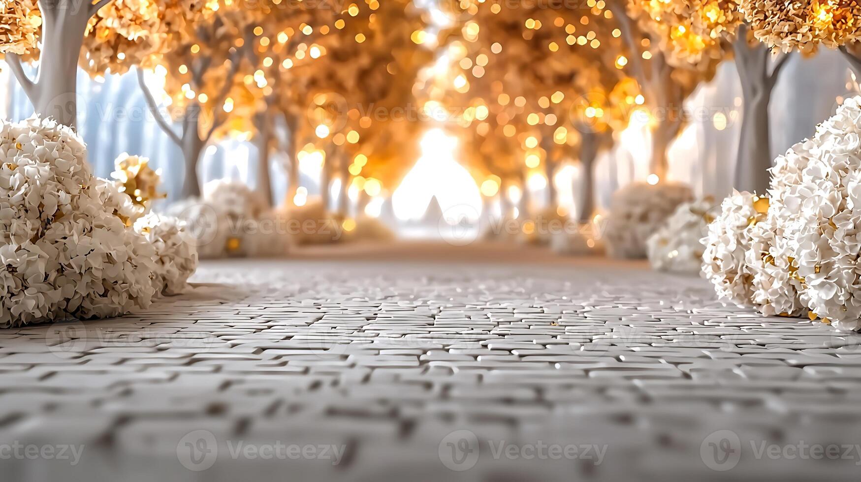 Serene pathway lined with glowing trees and soft floral arrangements in a tranquil setting photo