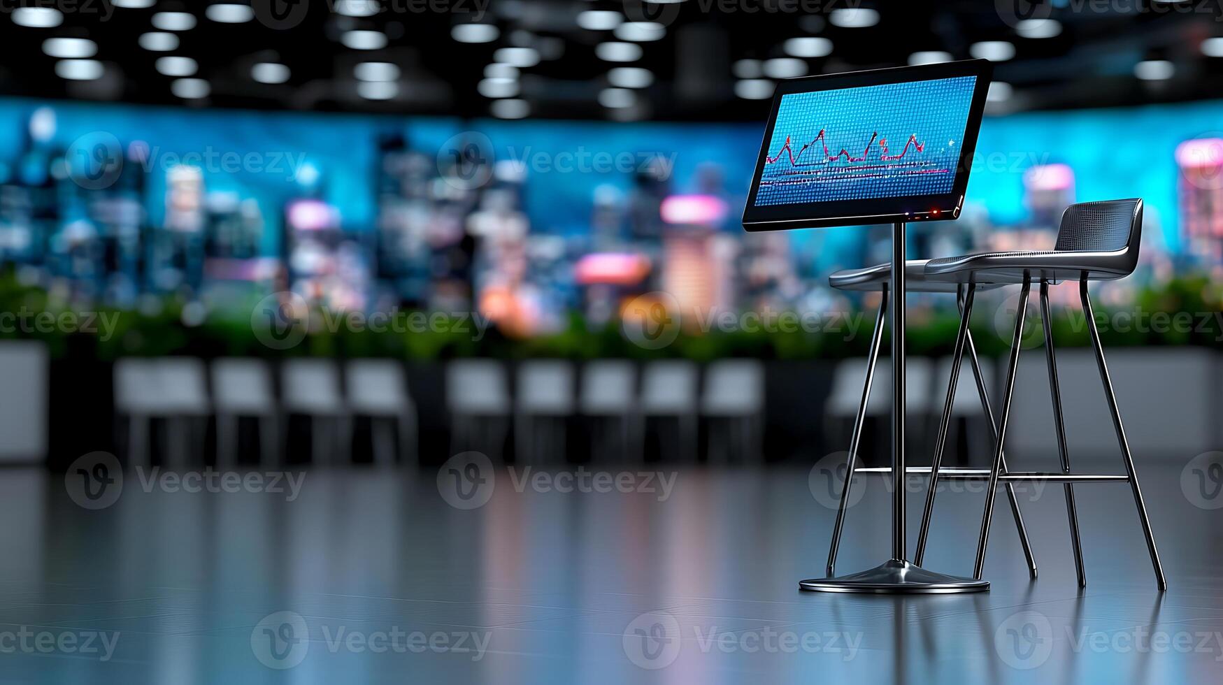 Modern workspace with a digital monitor displaying data against a city skyline backdrop photo