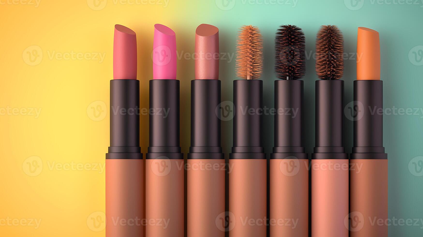 Vibrant collection of lip and brow cosmetics arranged neatly on a colorful gradient background photo