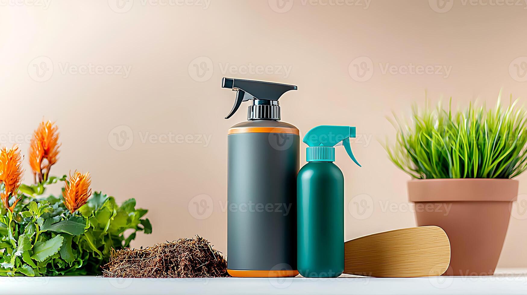 Two spray bottles and a plant pot on a table, showcasing gardening tools and greenery photo