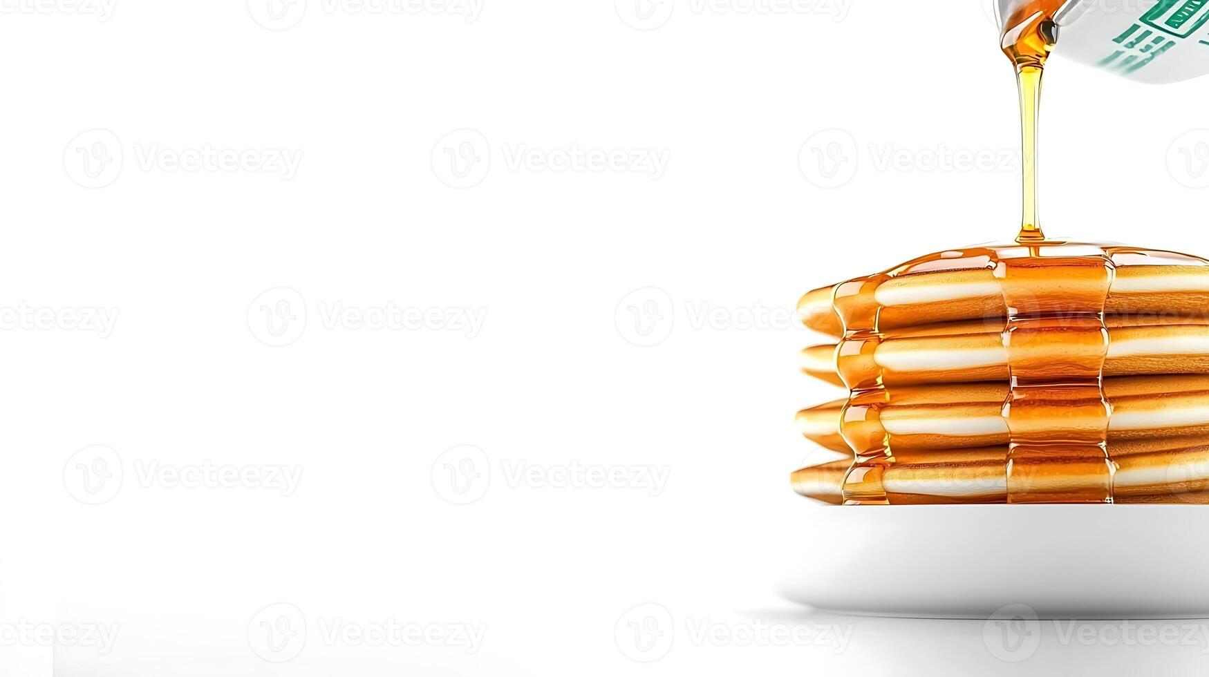 Stack of golden pancakes being drizzled with syrup on a white plate against a minimalistic background photo