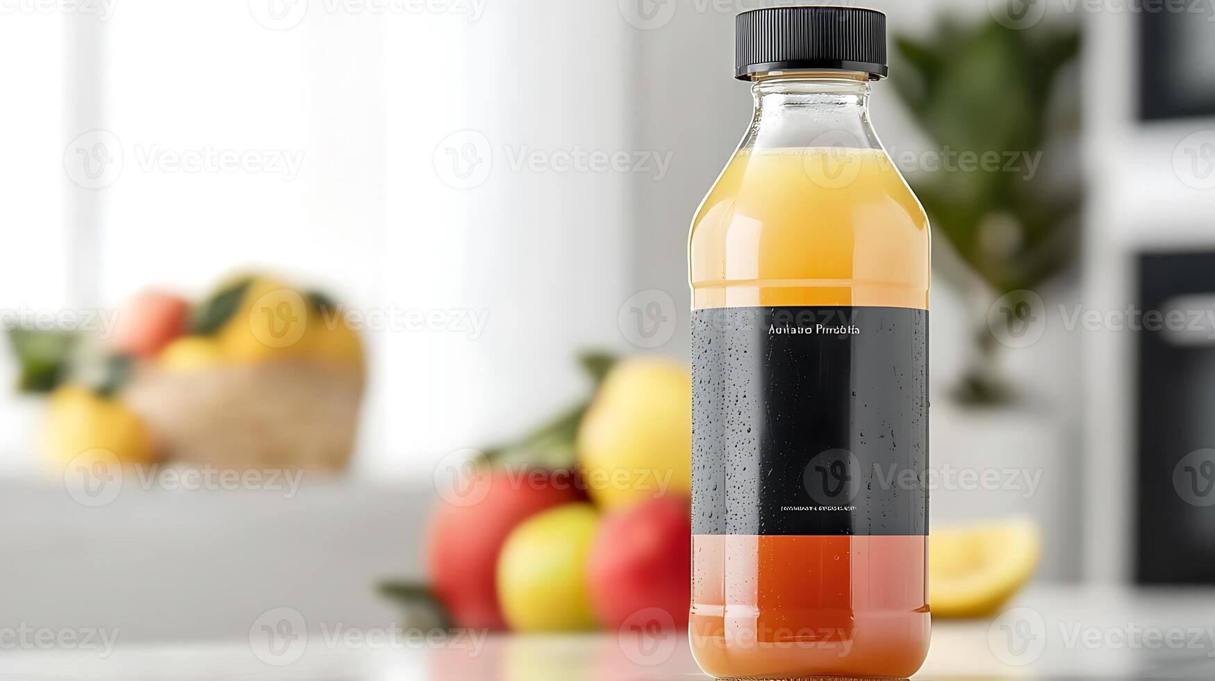 Refreshing juice bottle in a bright kitchen with fruits in the background, showcasing vibrant colors photo