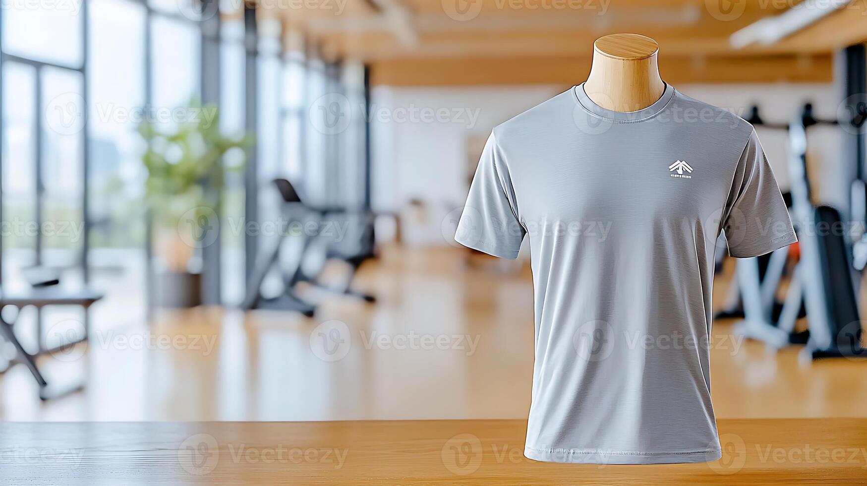 Gray athletic shirt displayed on a mannequin in a modern gym with workout equipment in background photo