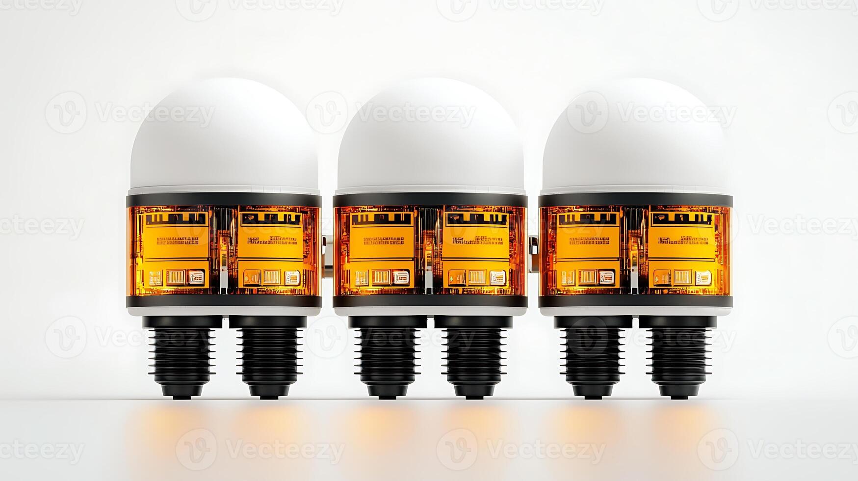 Three advanced sensors with orange and white design, showcasing technology in a clean setting photo