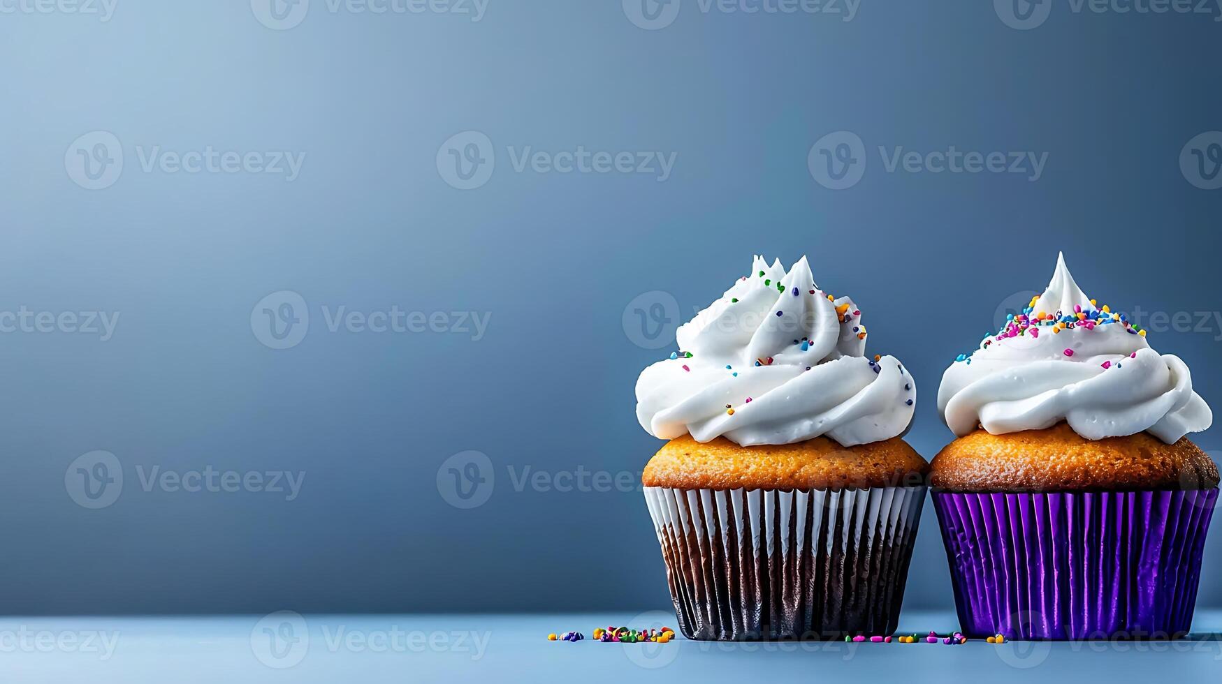 Two beautifully decorated cupcakes with colorful sprinkles against a soft gradient background photo