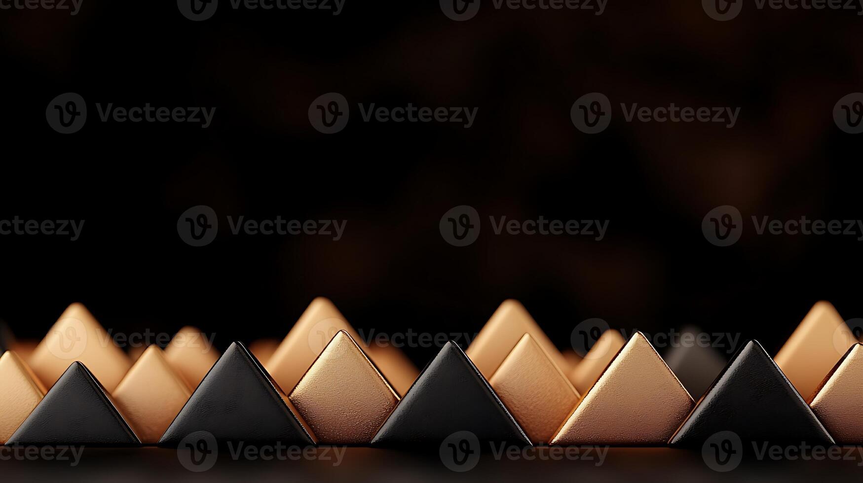 A captivating arrangement of golden and black pyramids on a dark reflective surface, creating depth photo