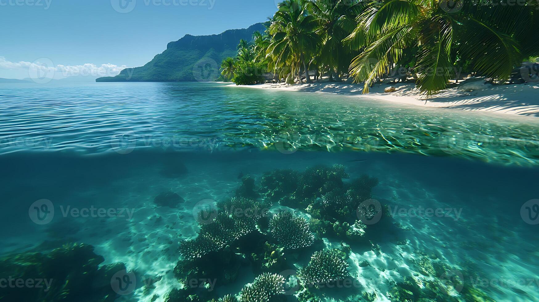 Serene tropical beach with lush palm trees, clear water, and vibrant coral reef beneath the surface photo