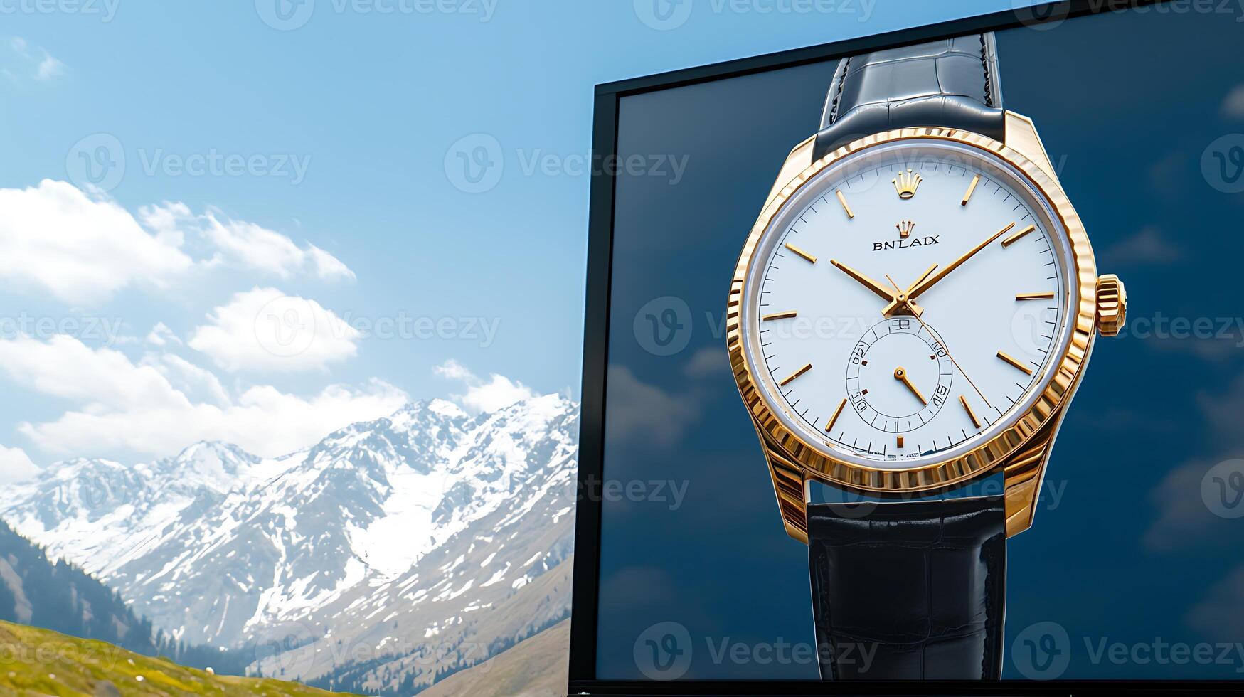 Luxury watch displayed on a billboard against a backdrop of majestic snow-capped mountains photo
