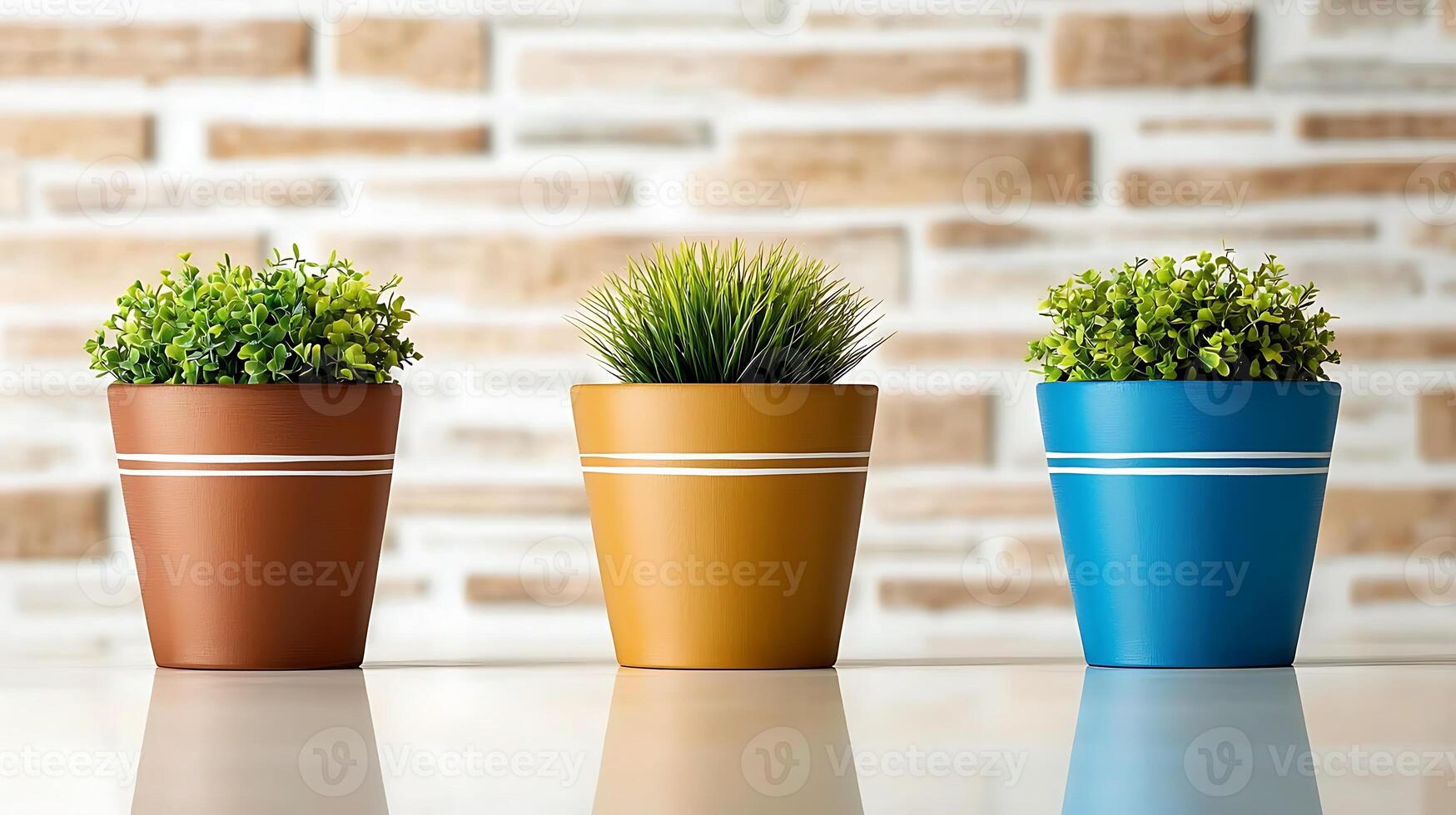 Three vibrant potted plants arranged on a sleek surface against a textured brick wall backdrop photo