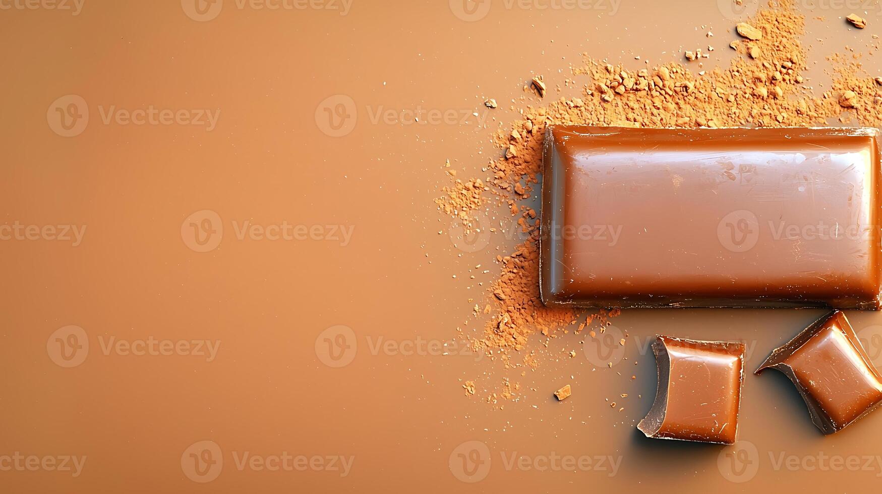 Smooth chocolate bar with pieces and cocoa powder on a warm, neutral background photo