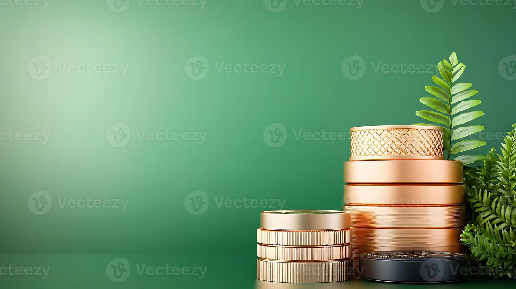 Stacked metallic containers with green foliage against a smooth green background, creating a serene composition photo