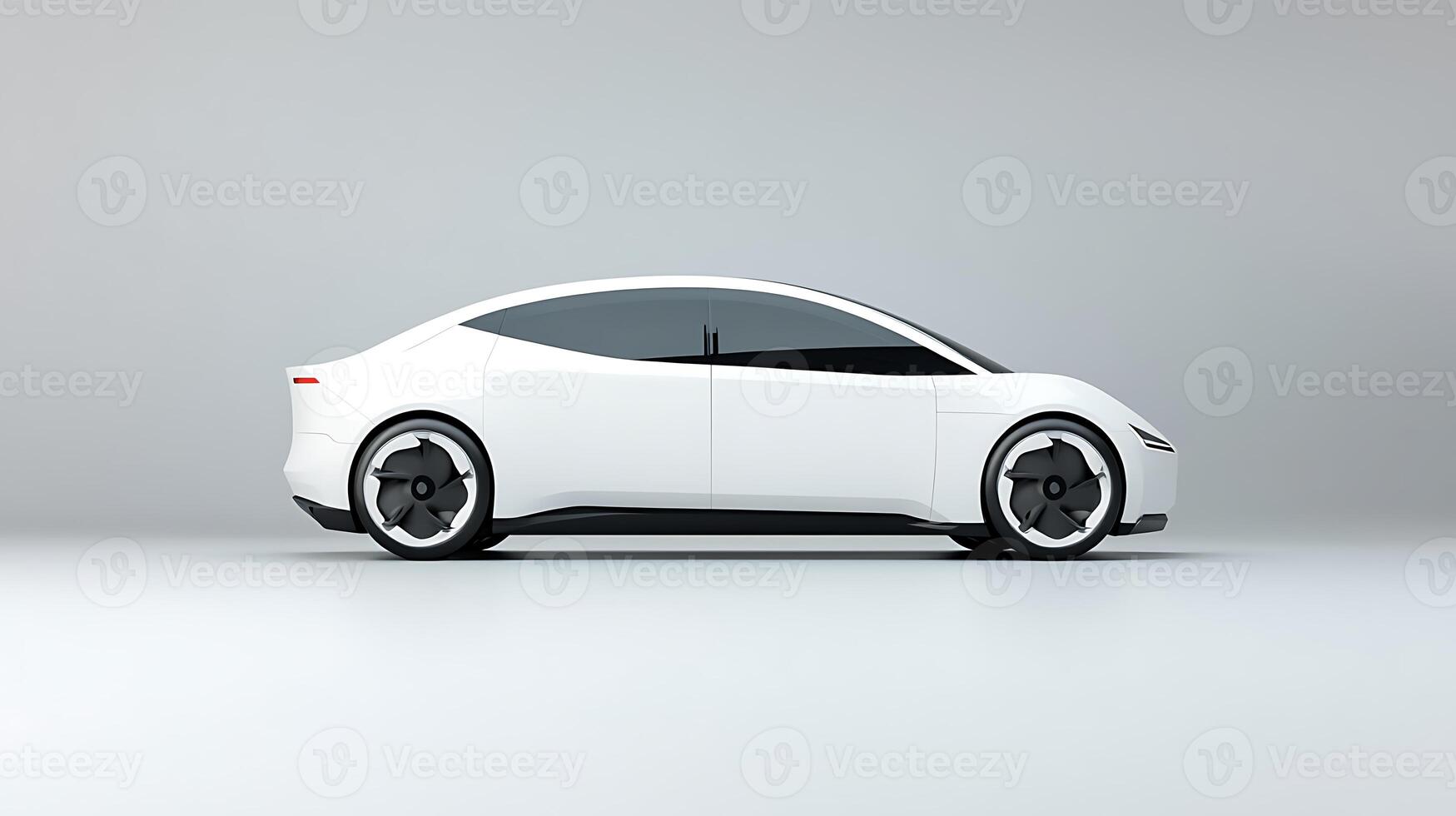 Sleek white electric car parked on a minimalistic background with soft shadows and reflections photo