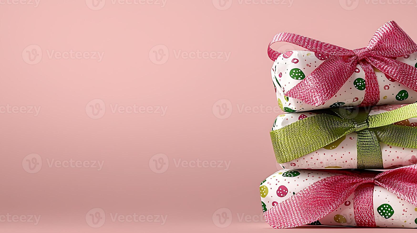 Three beautifully wrapped gift boxes with colorful ribbons on a soft pink background photo