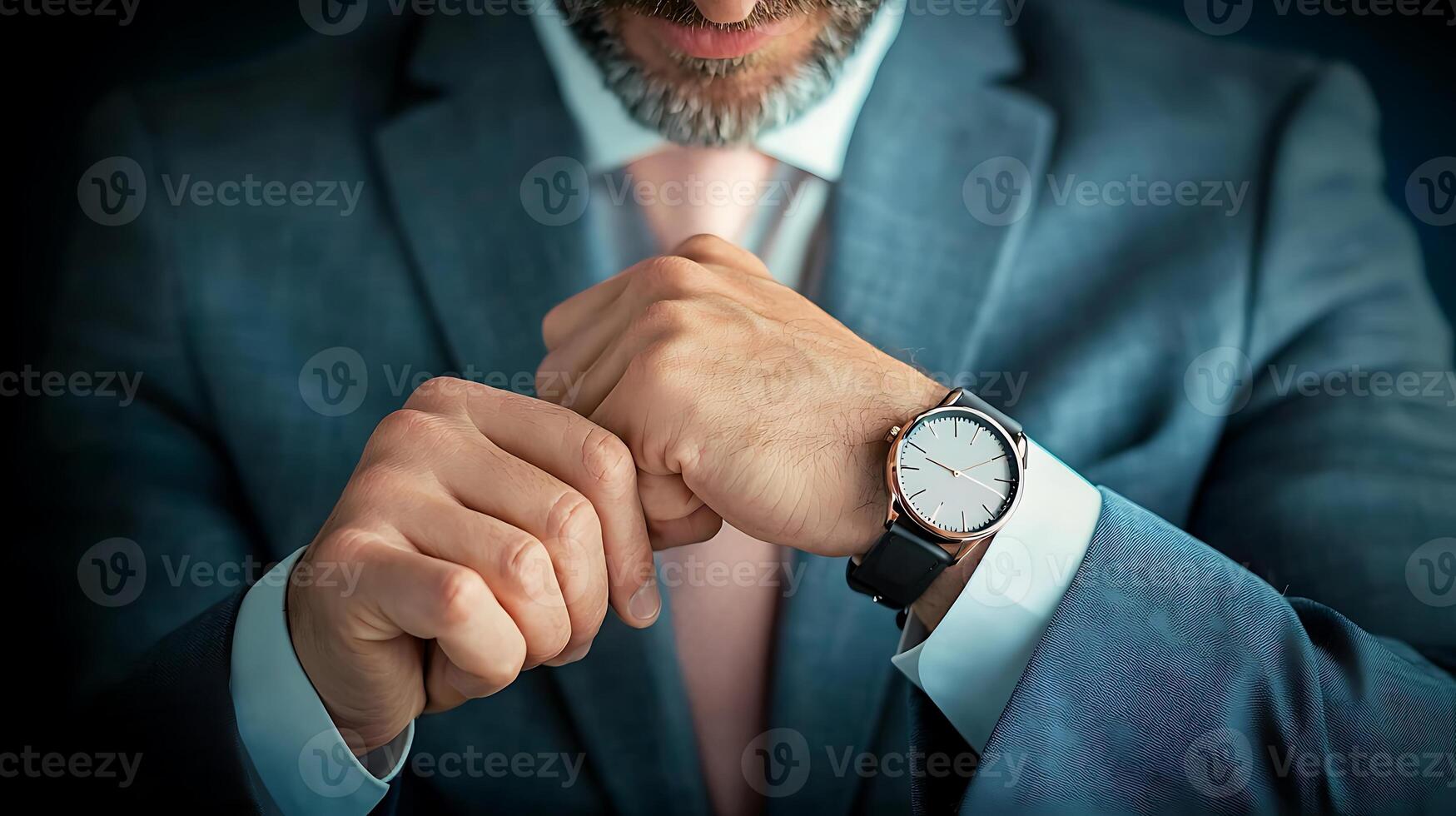 Business professional checking time on wristwatch in a modern office setting, focused on punctuality photo