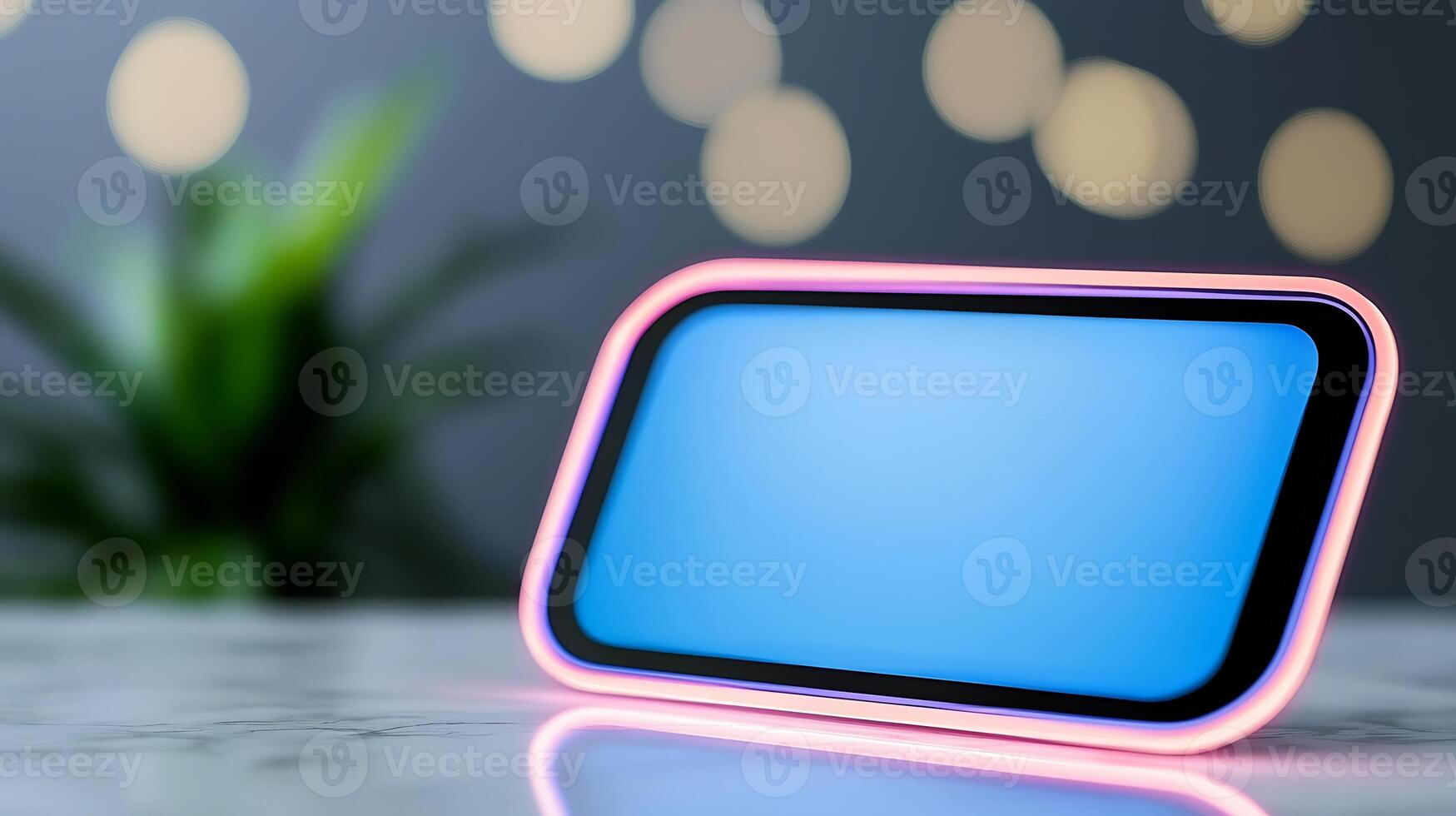 A glowing smartphone on a marble surface with blurred lights and greenery in the background photo