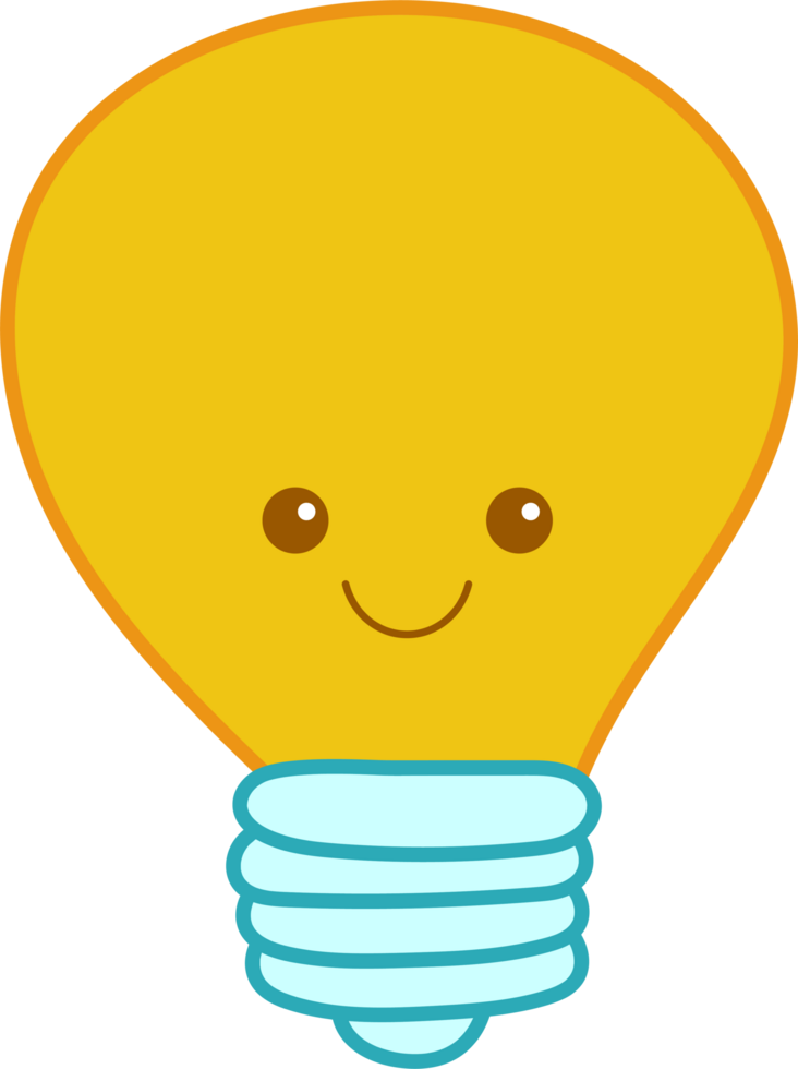 Smiling cartoon lightbulb with a yellow glass and blue base symbolizing a bright idea and positive energy png