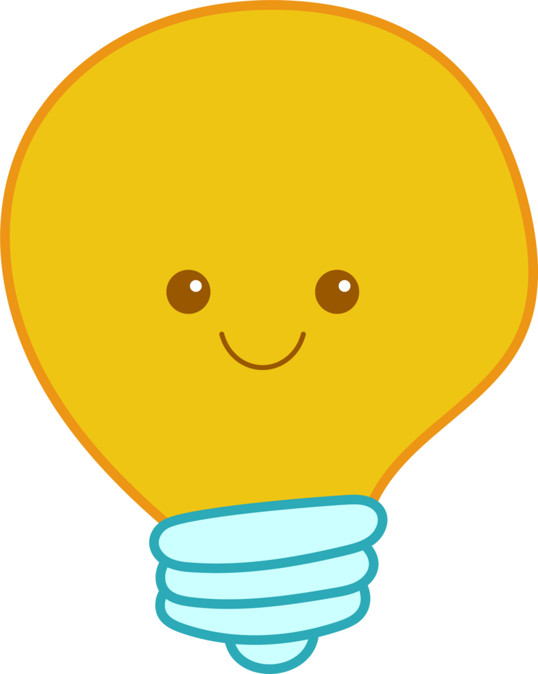 A cute smiling lightbulb illustration with a yellow bulb and a light blue base on a black background Ideal for educational use png