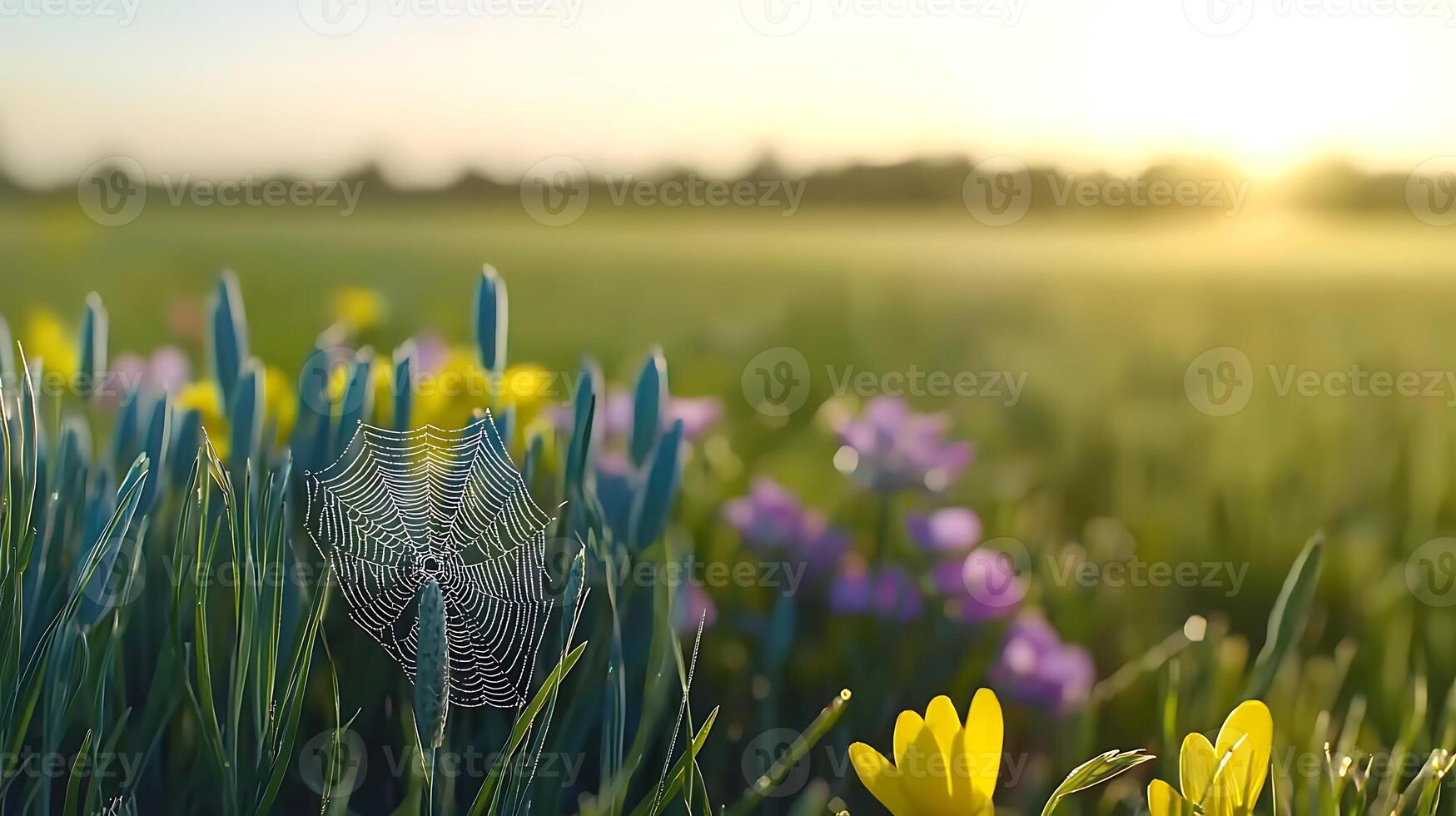 Morning dew glistens on a spider web amidst vibrant wildflowers in a serene meadow at sunrise photo