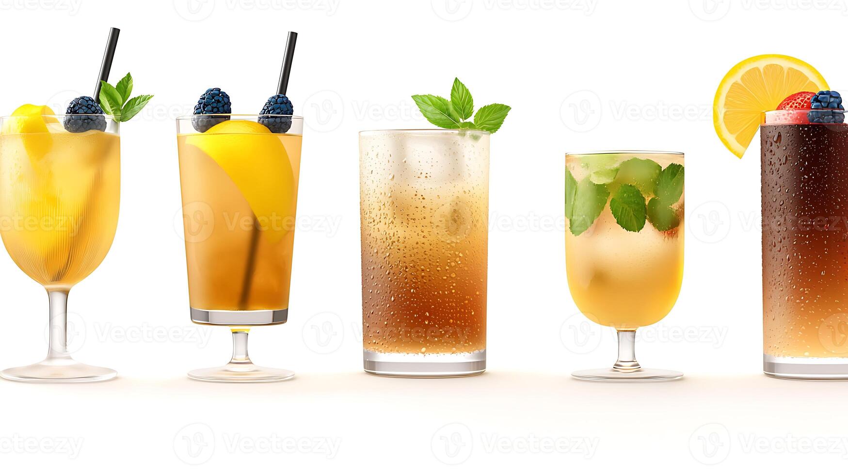 Refreshing assortment of colorful beverages with fruits and mint leaves on a bright background photo