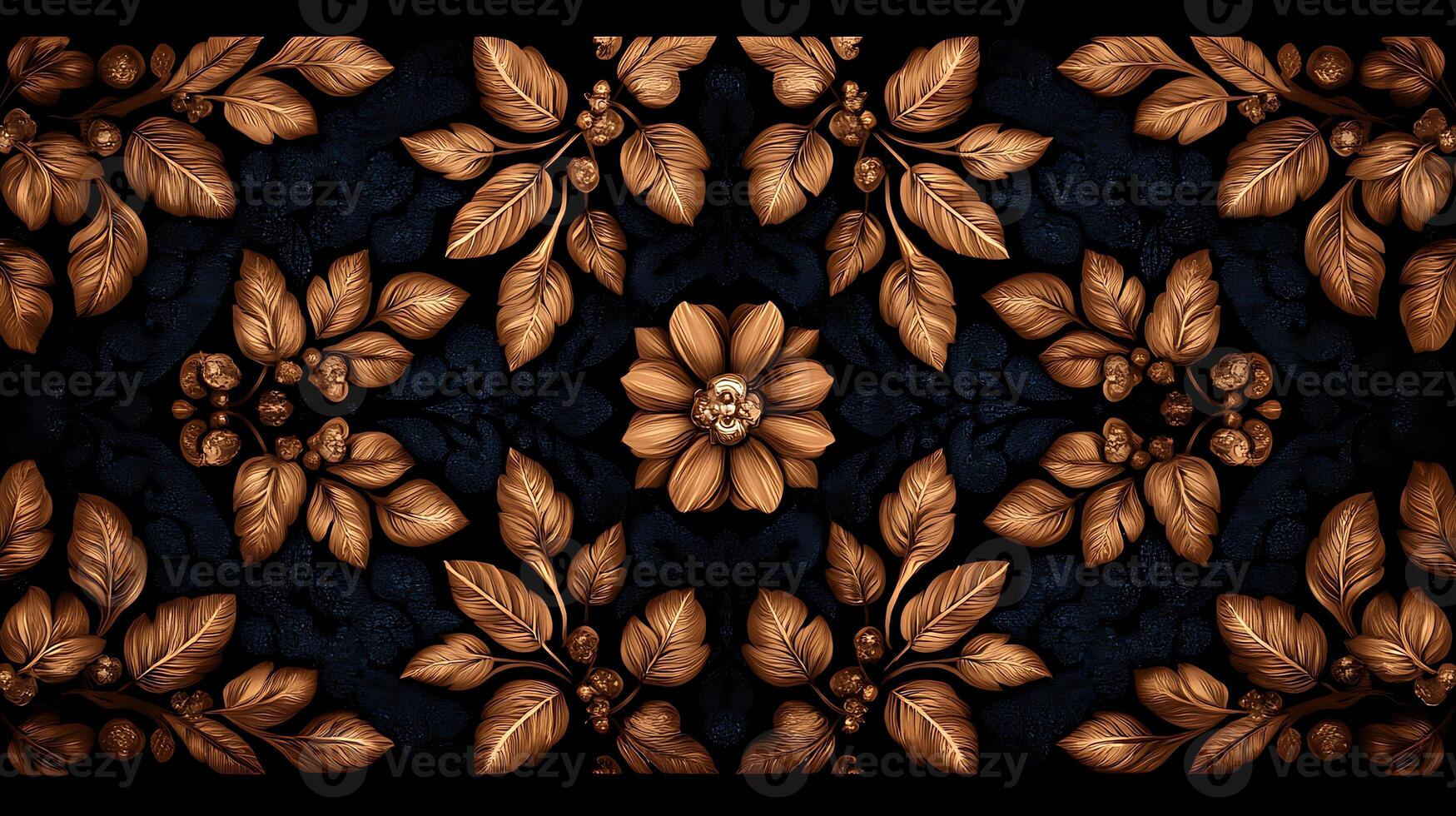 Intricate floral design featuring golden leaves and a central flower on a dark background photo
