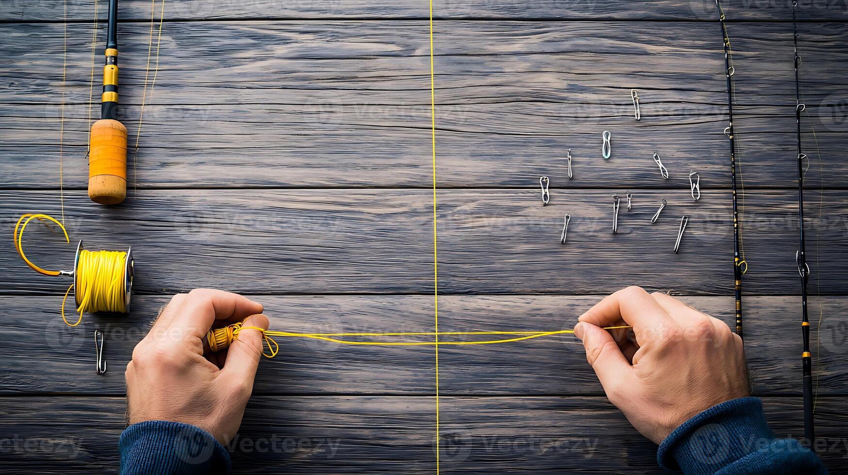 Hands tying fishing line with hooks and tools on a wooden table, showcasing fishing preparation photo