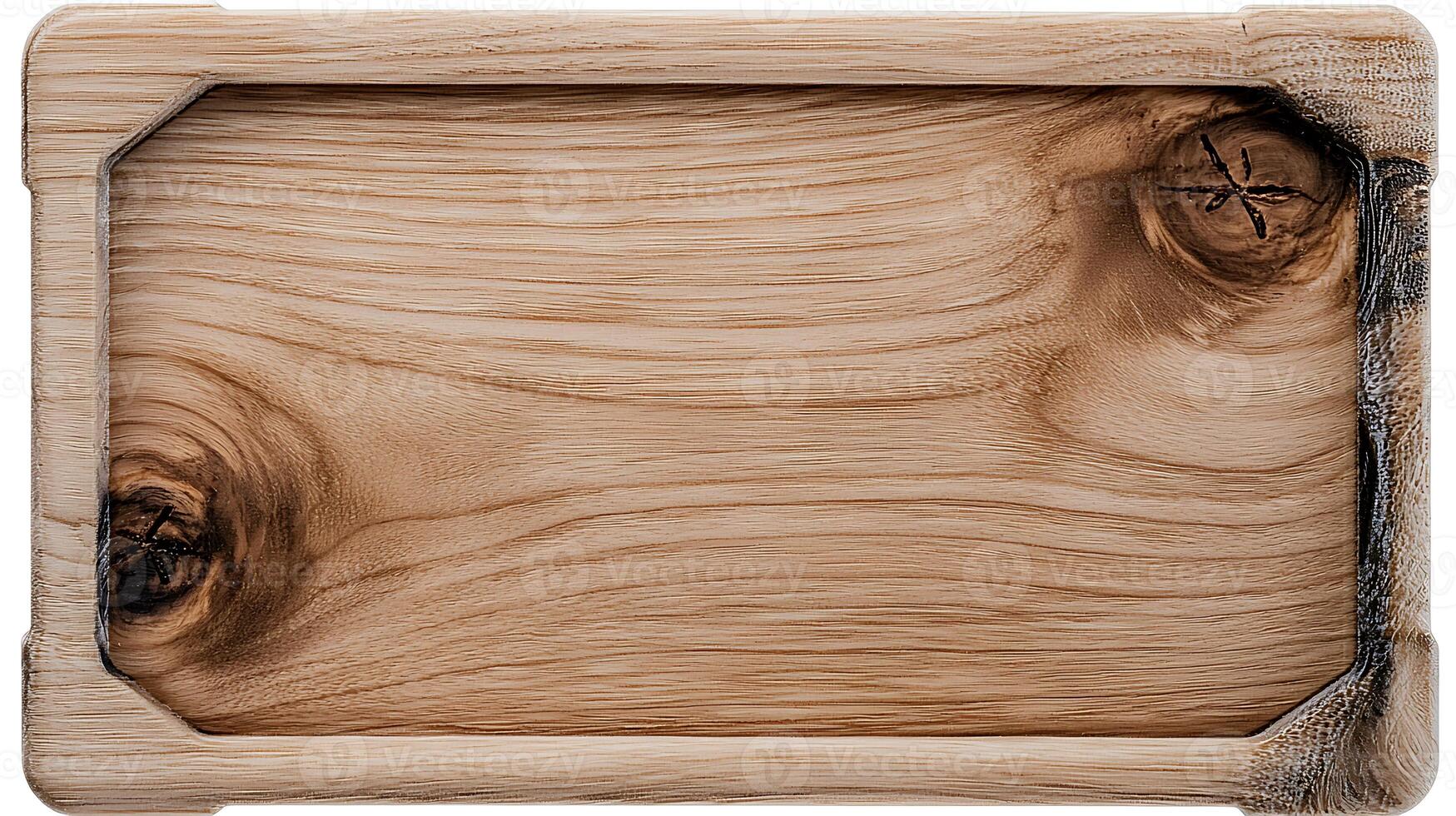 Rustic wooden cutting board with natural grain patterns and knots, ideal for culinary presentations photo