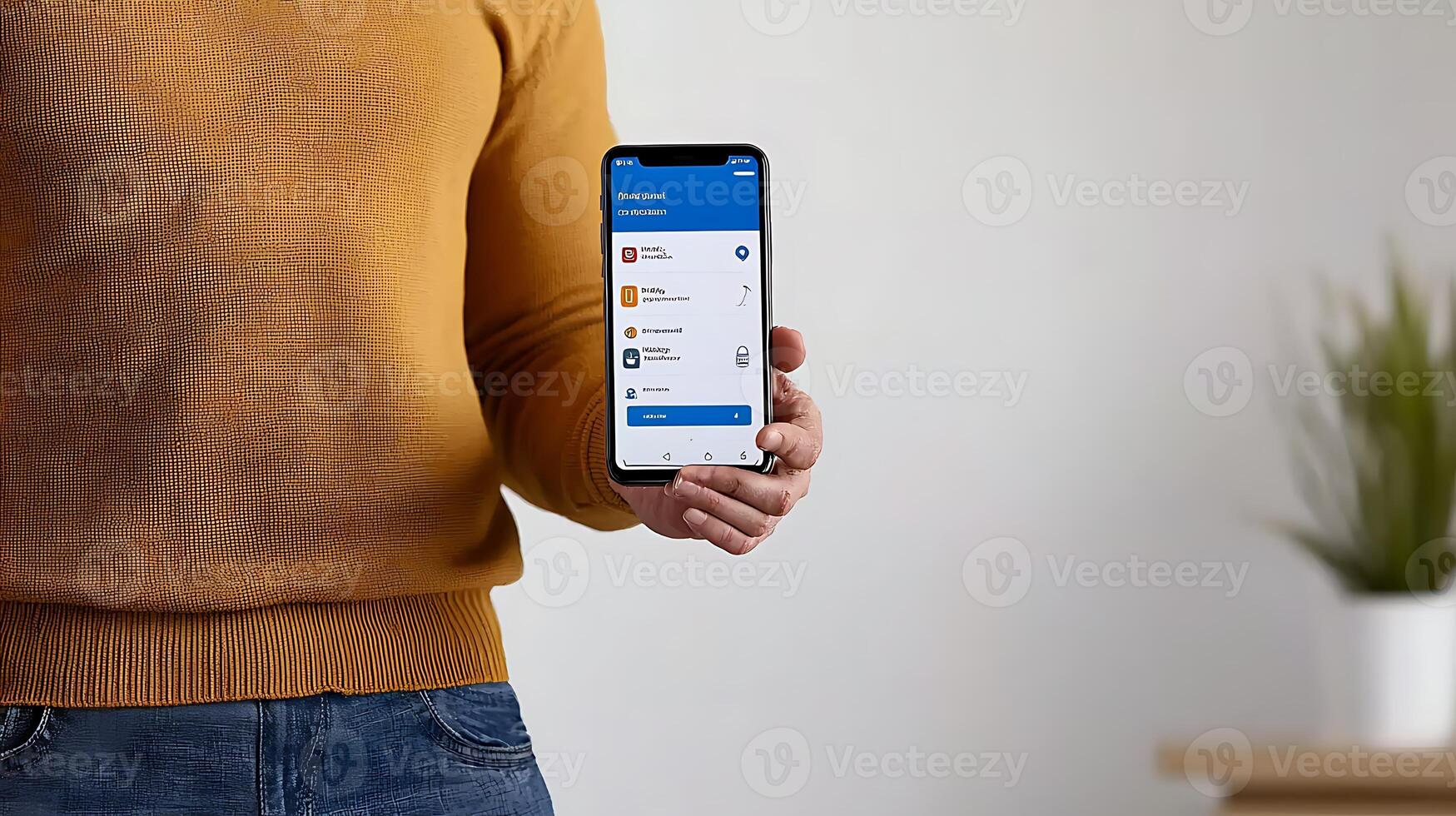 Person holding smartphone displaying financial app interface in a modern indoor setting photo