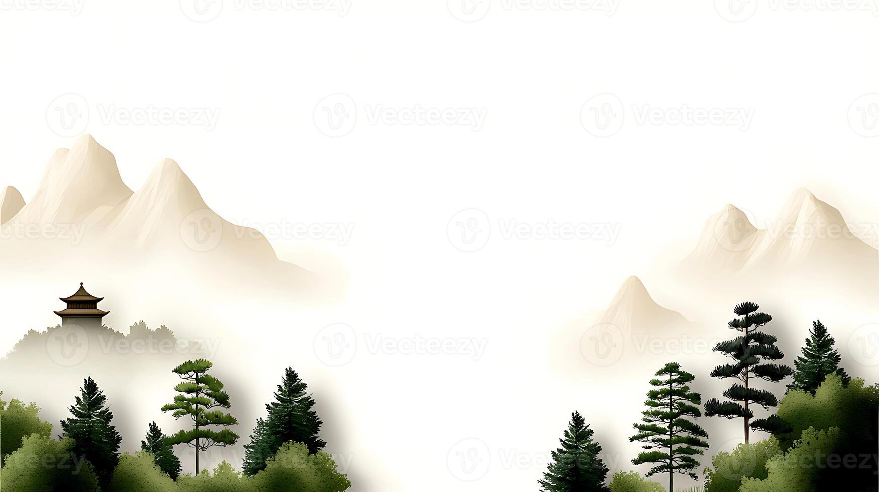 Serene landscape featuring mountains, lush trees, and a traditional pagoda in misty ambiance photo