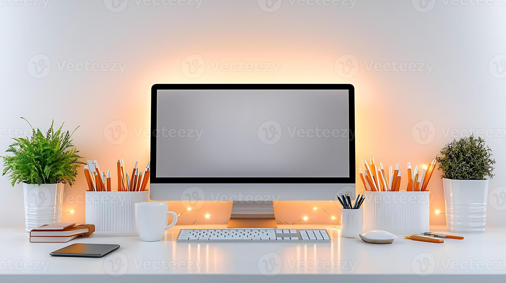 Modern workspace with a computer, stationery, plants, and warm lighting creating a cozy atmosphere photo