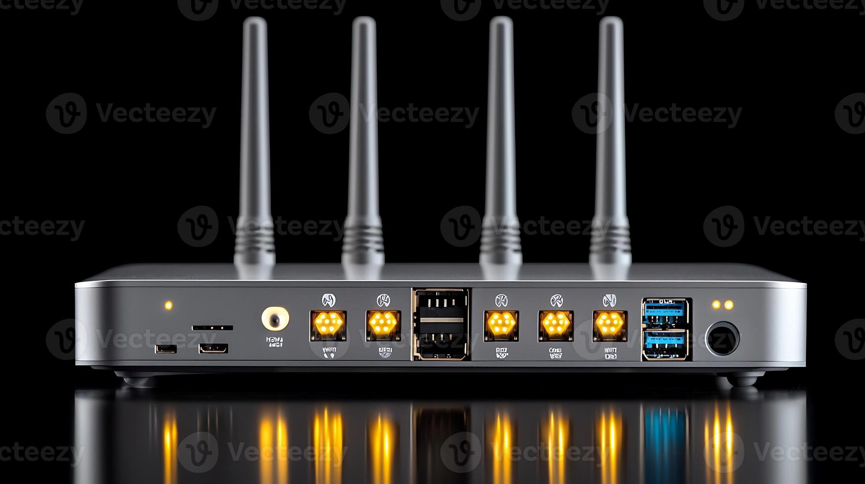 Modern wireless router with multiple antennas and ports, set against a sleek black background photo
