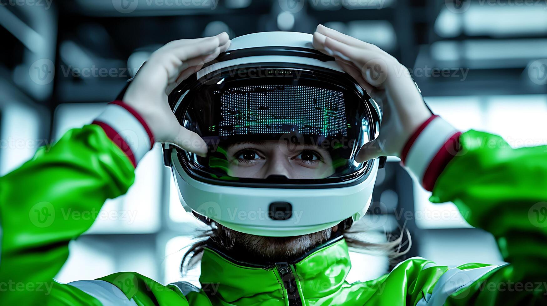 Person wearing a futuristic helmet in a tech-inspired environment, preparing for an immersive experience photo