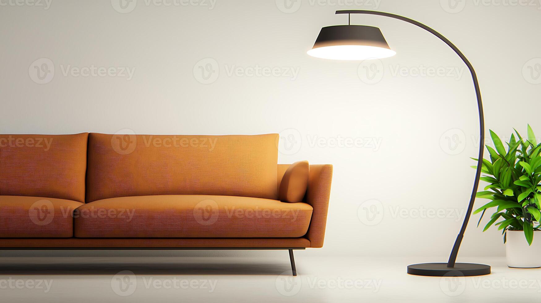 Modern living room with an orange sofa, stylish floor lamp, and a green plant in a minimalistic setting photo