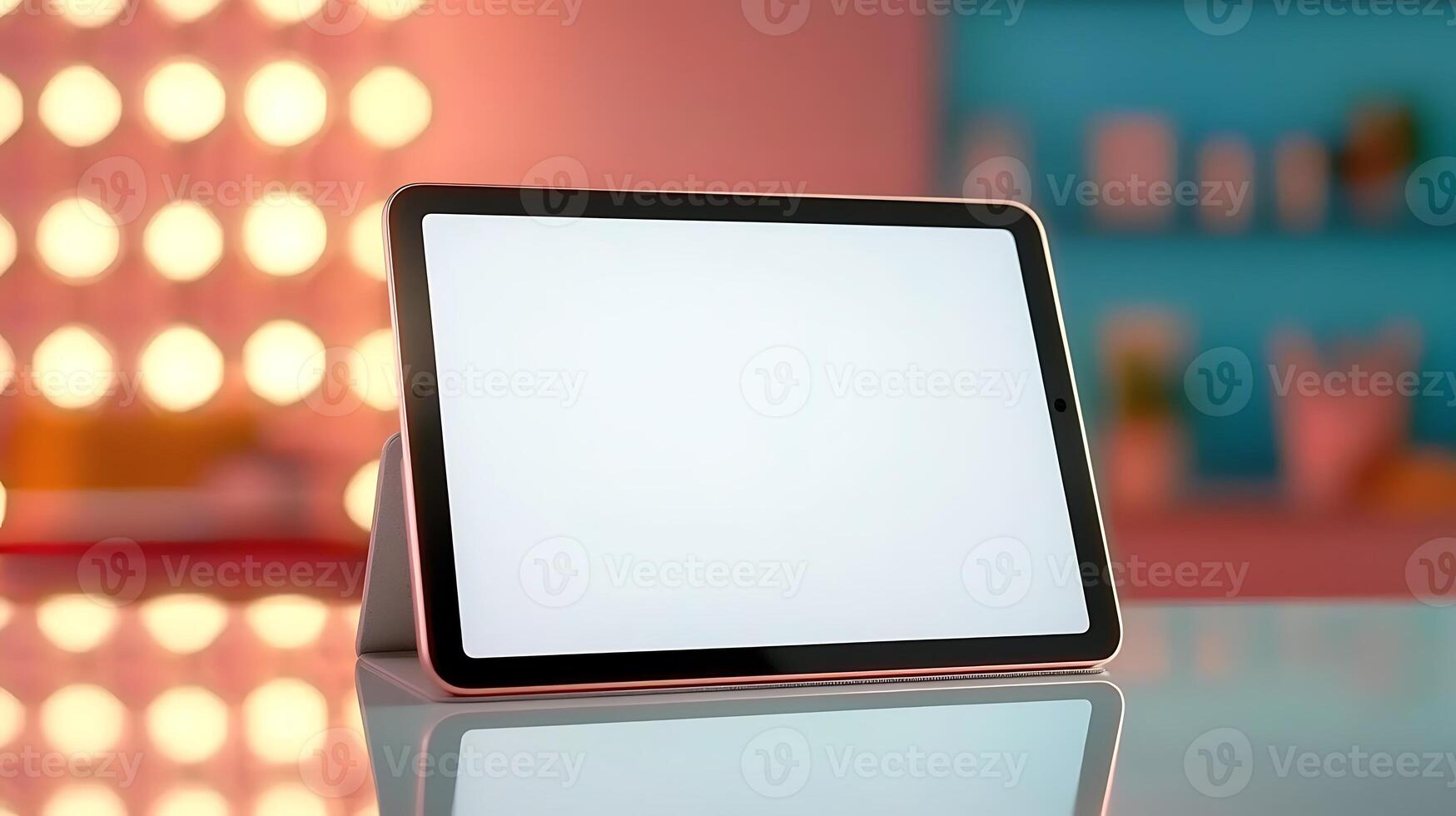 Modern tablet on a sleek table in a vibrant, softly lit room with decorative background elements photo