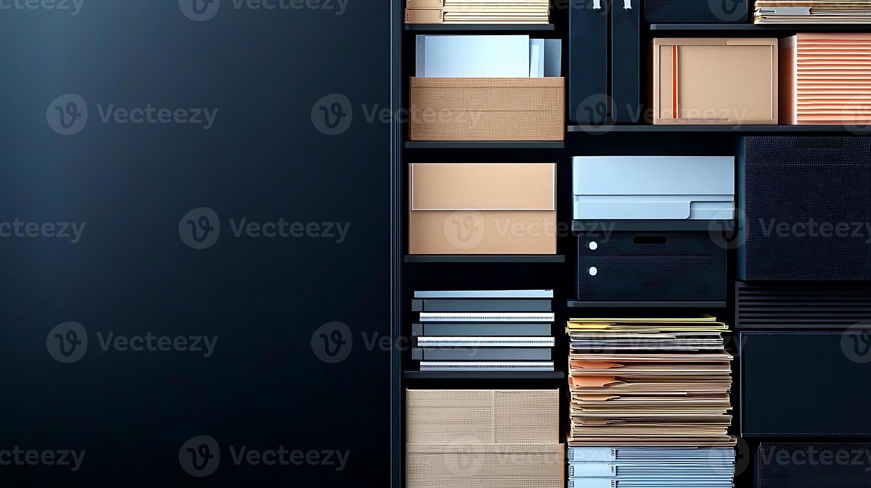 Organized office storage with various files, folders, and boxes on shelves against a dark background photo