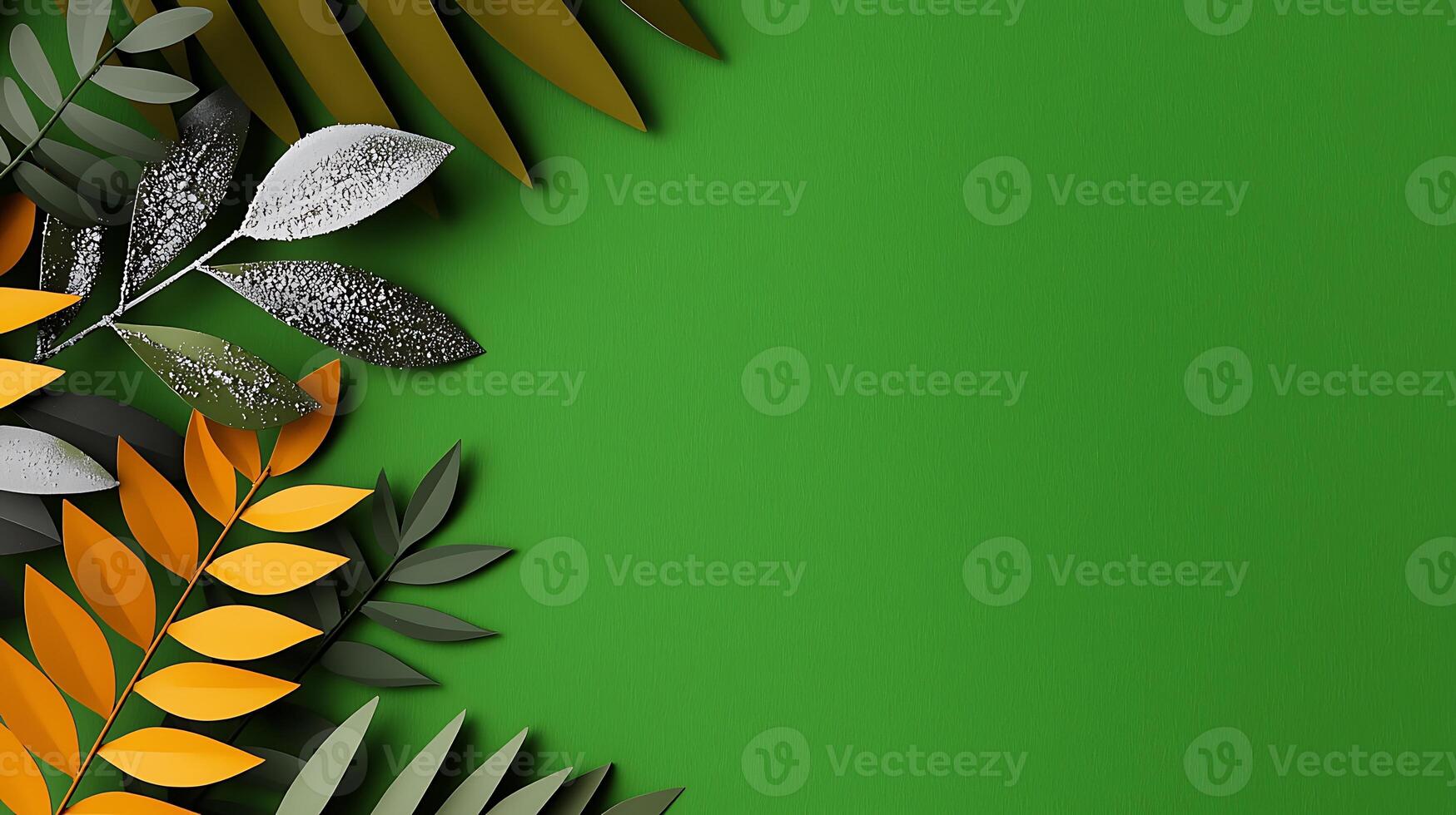 Vibrant green background with assorted paper leaves in various colors creating a natural decor photo