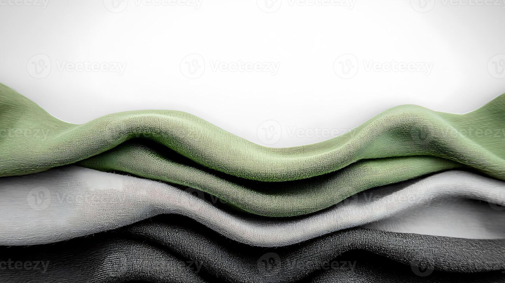 Soft, flowing fabric textures in green, gray, and white layers with a minimalist background photo