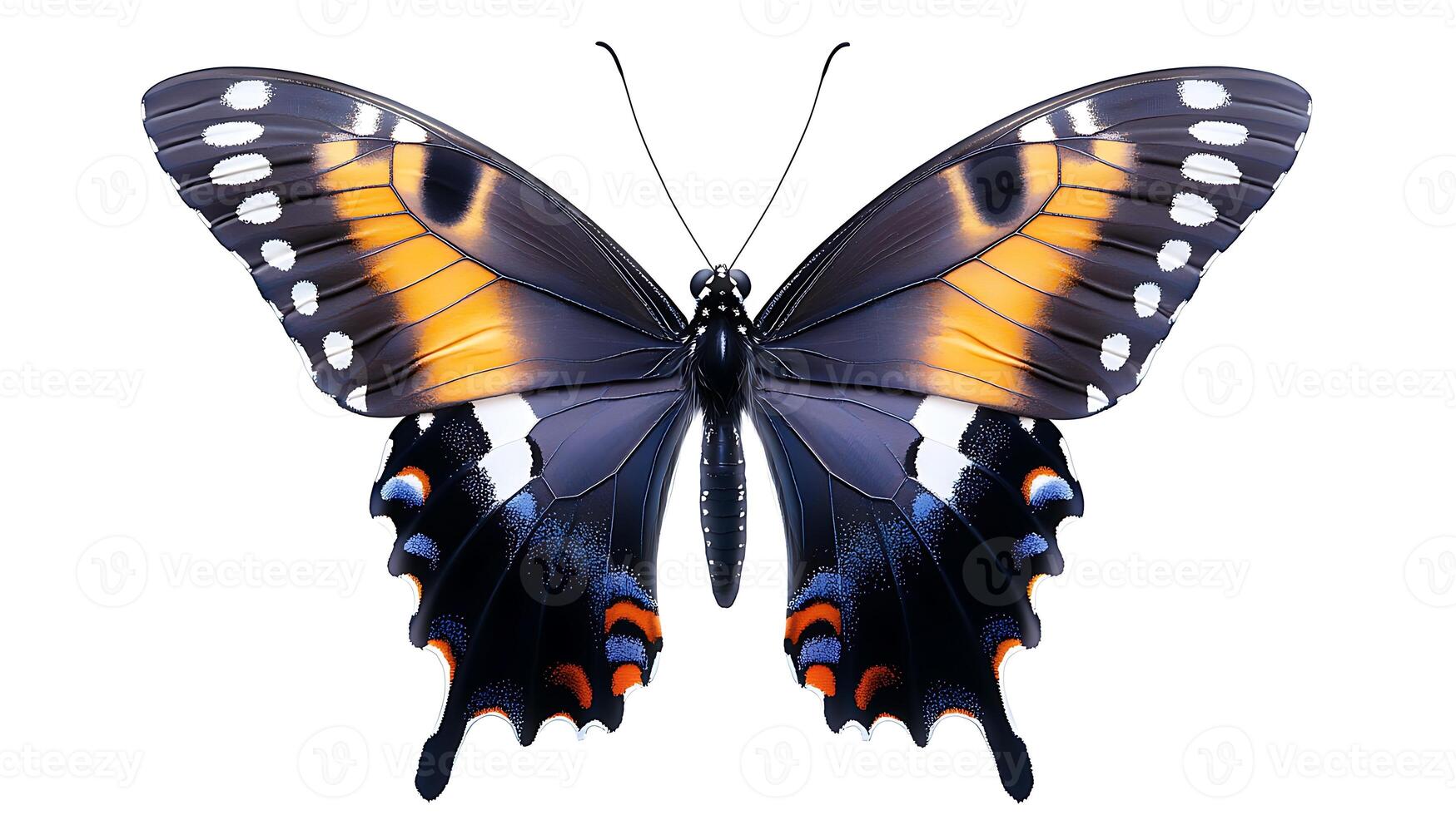 Vibrant butterfly with striking orange and blue patterns, isolated on a white background photo