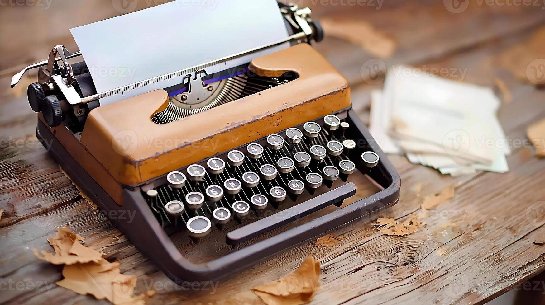 Vintage typewriter on a rustic wooden table surrounded by autumn leaves and scattered papers photo